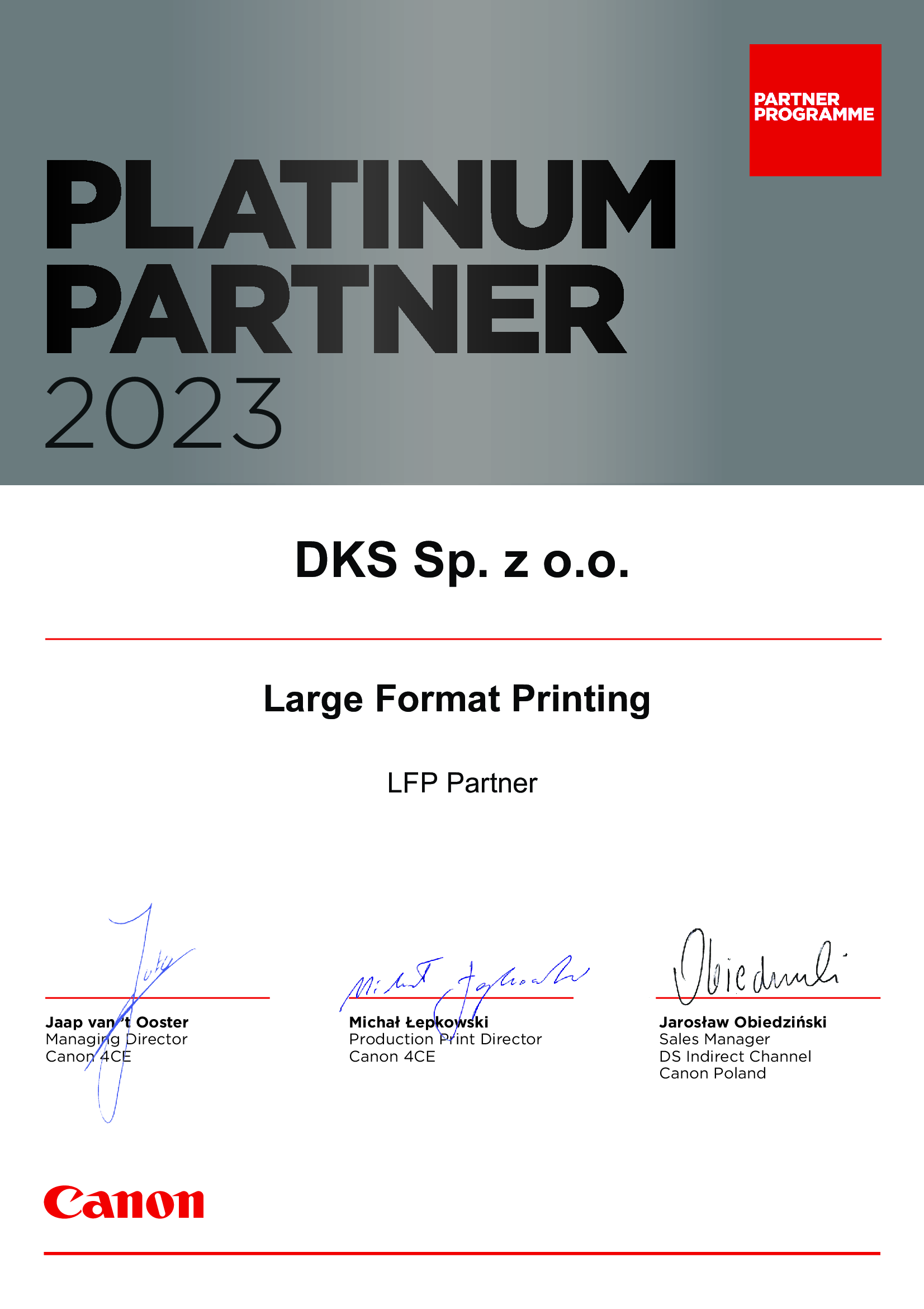 Canon Certyfikat LFP Platinum 2023
