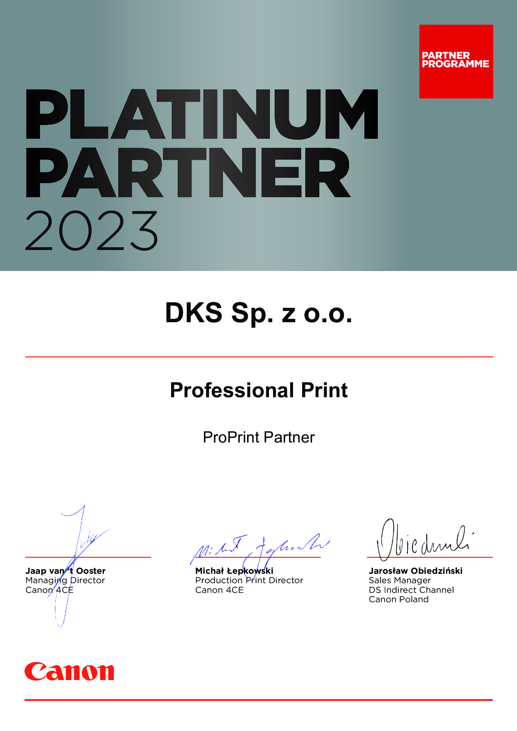 Canon Certyfikat PP Platinum 2023