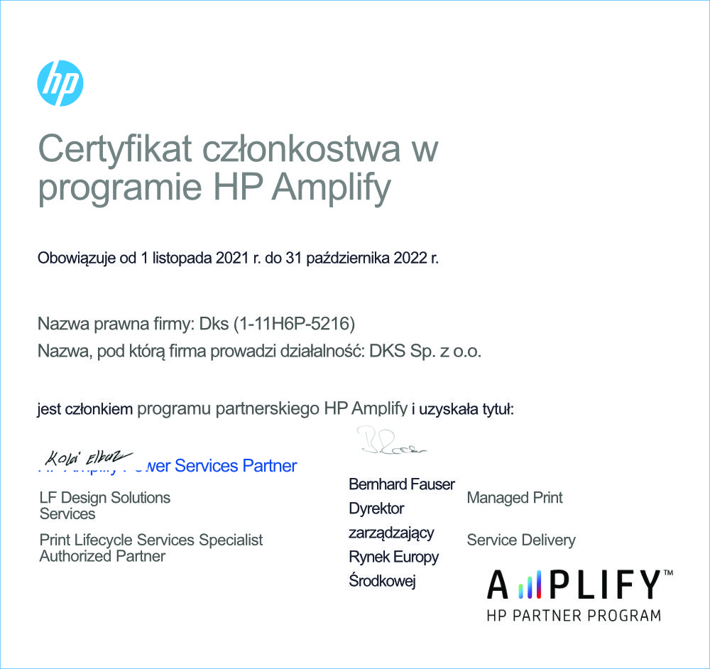 HP certyfikat członkostwa w programie HP Amplife