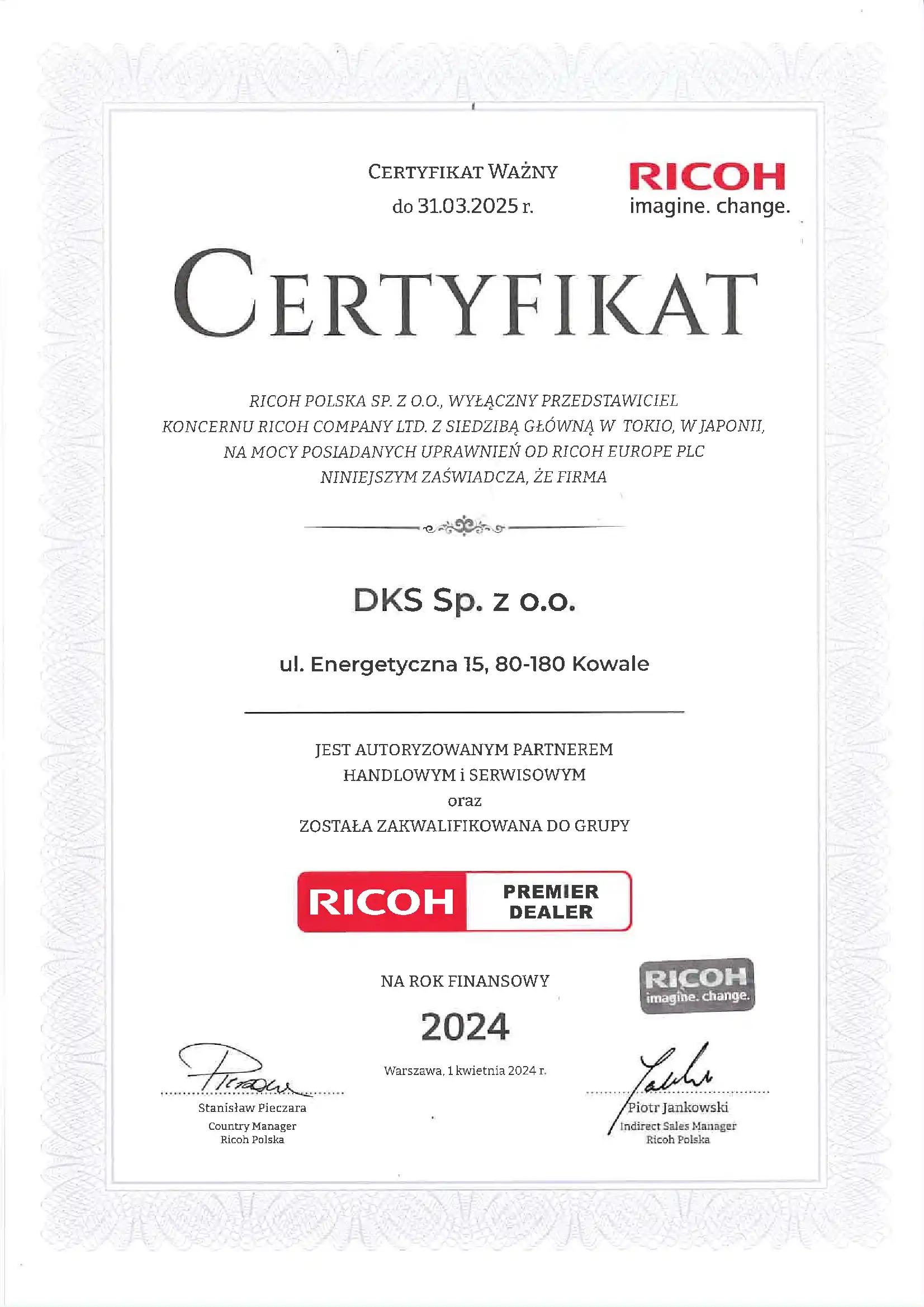 Certyfikat partnerski Ricoh 2024