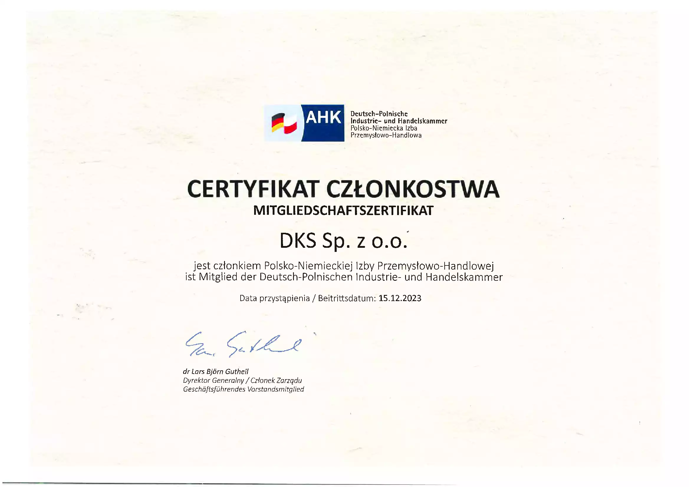 Certyfikat członkostwa Polsko -Niemieckiej Izby Przemysłowo-Handlowej