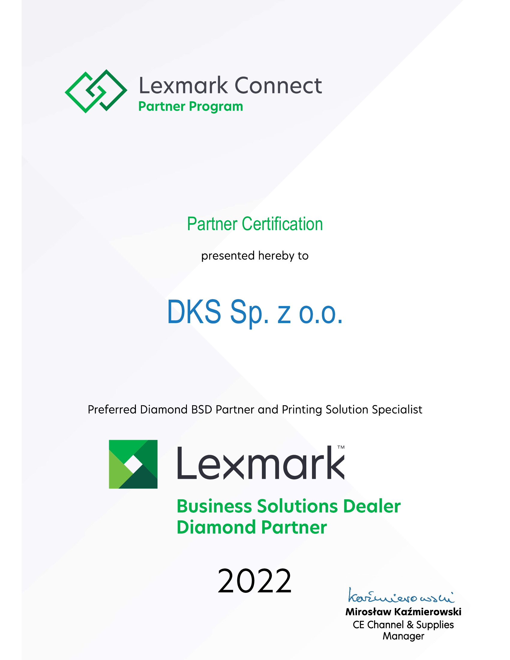 Lexmark Certyfikat 2022